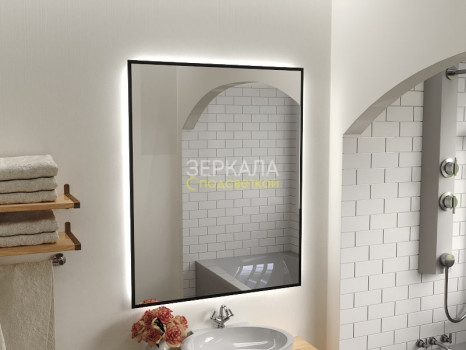 Зеркало с интерьерной подсветкой для ванной комнаты в черной рамке Прайм Блэк 75х75 см