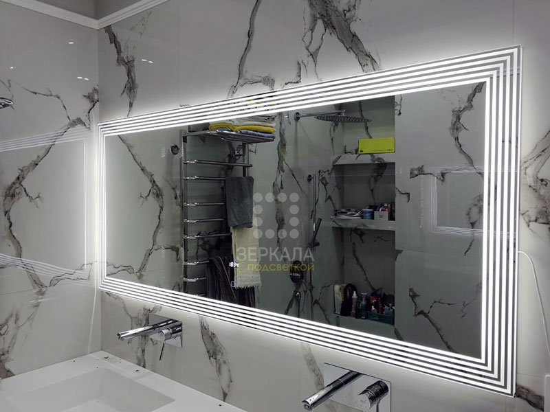 зеркало для ванной с часами и с дизайнерской подсветкой
